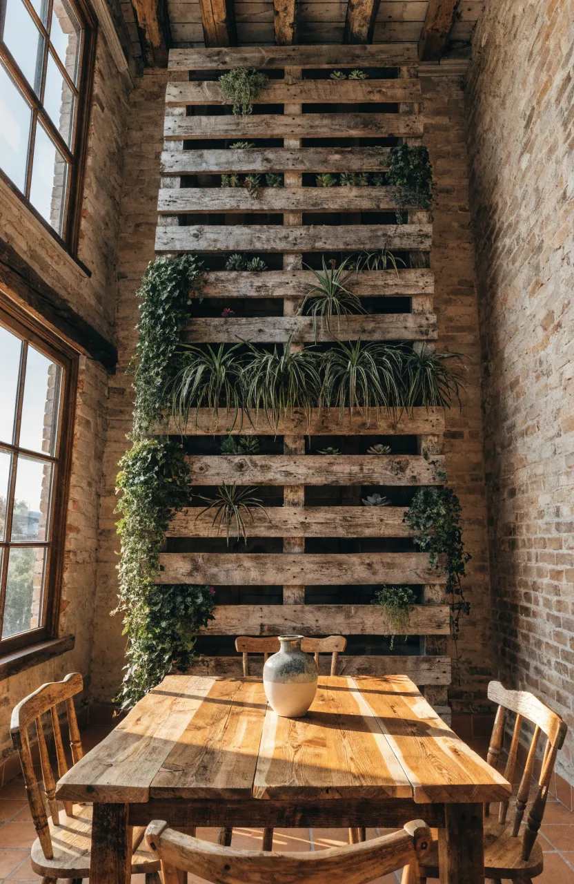 A vertical garden built from a reclaimed wooden pallet featuring trailing ivy and spider plants.