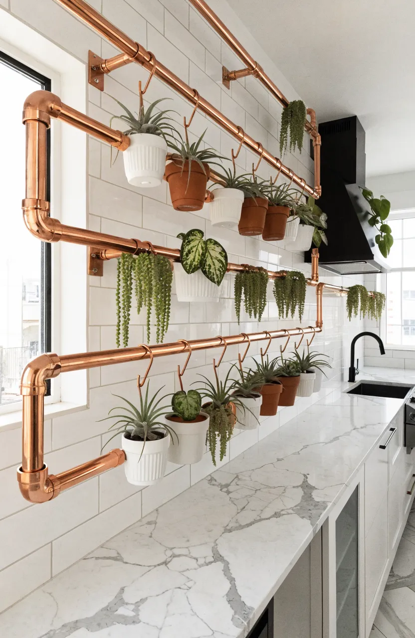 Modern copper pipe hanging system with S-hooks and small potted plants against a white tile wall.