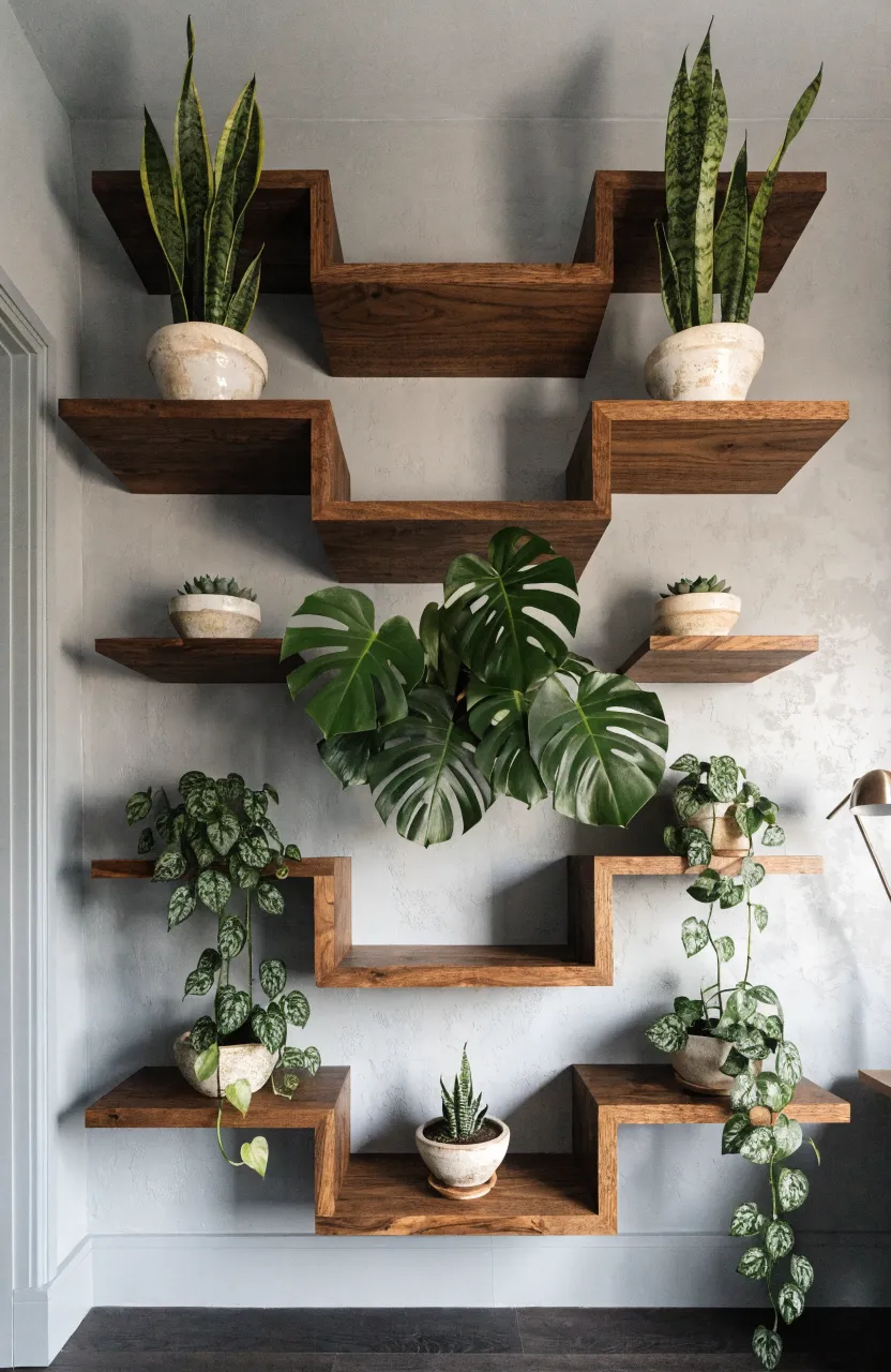Staggered walnut floating shelves on a gray wall holding a variety of large indoor plants.
