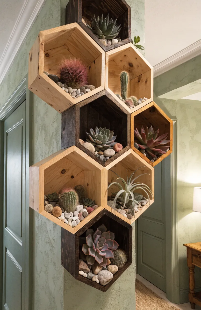 A decorative honeycomb-patterned wall of hexagonal wooden planters with various succulents.