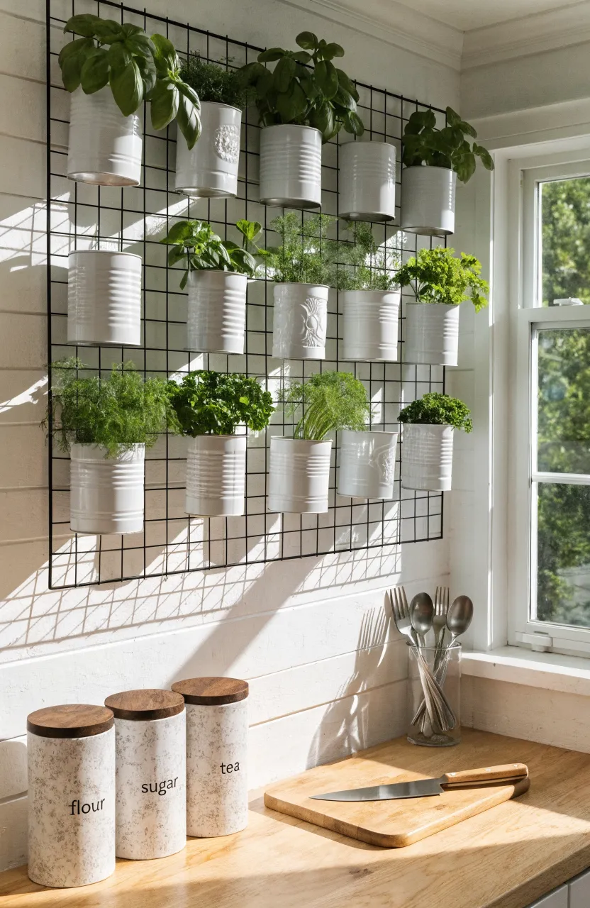 A vertical herb garden made of white tin cans on a black wire mesh grid in a sunny kitchen.
