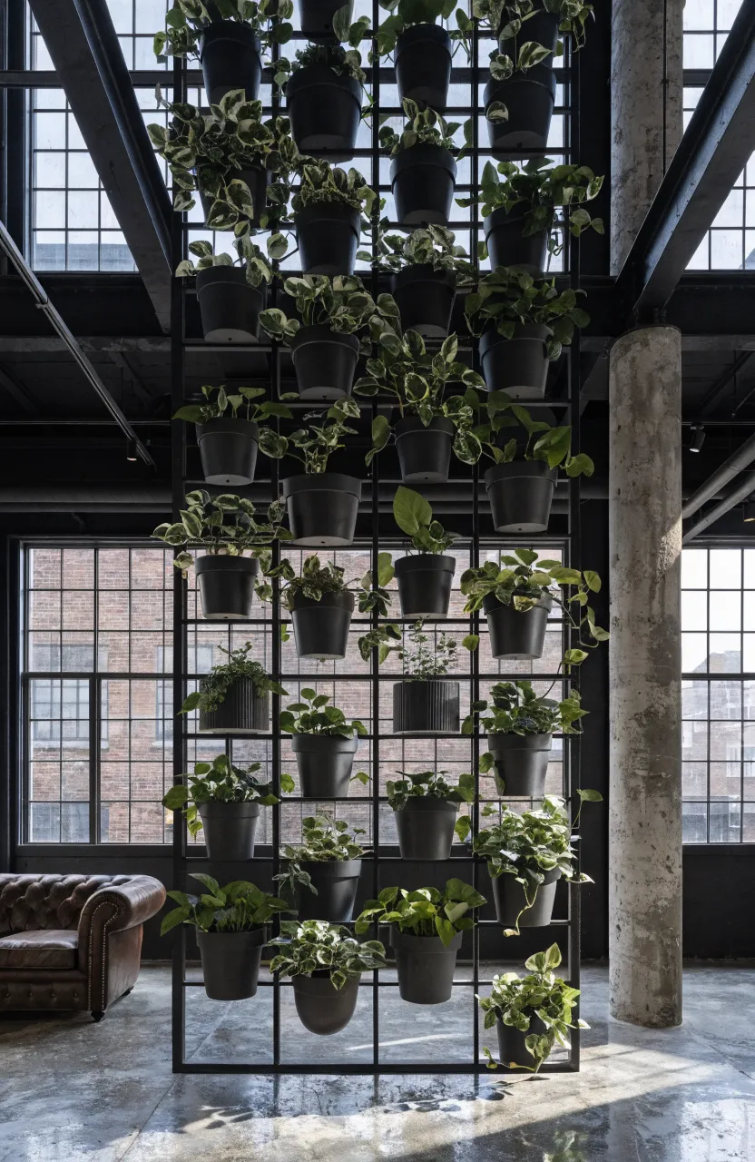 A black metal grid wall with various clip-on pots and trailing plants in an industrial loft.