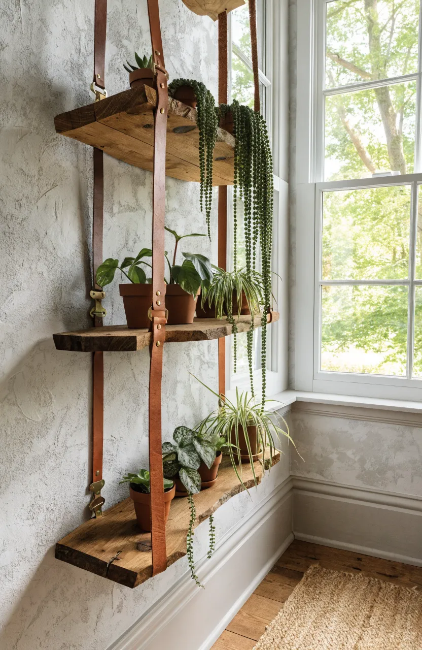 Three wooden hanging shelves held by leather straps on a gray wall, featuring various trailing indoor plants.