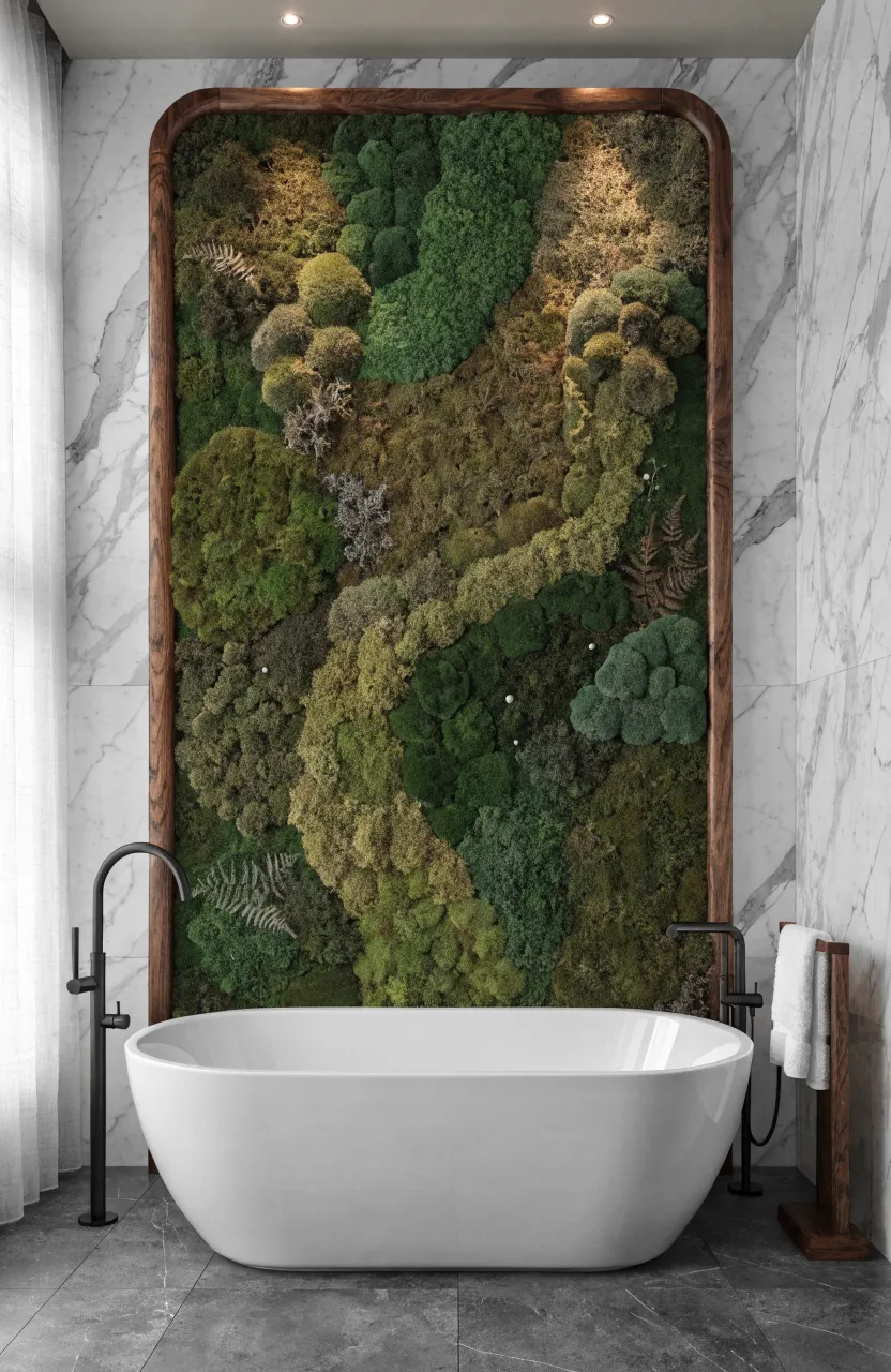A large vertical wall panel made of various green mosses behind a modern white bathtub in a luxury bathroom.