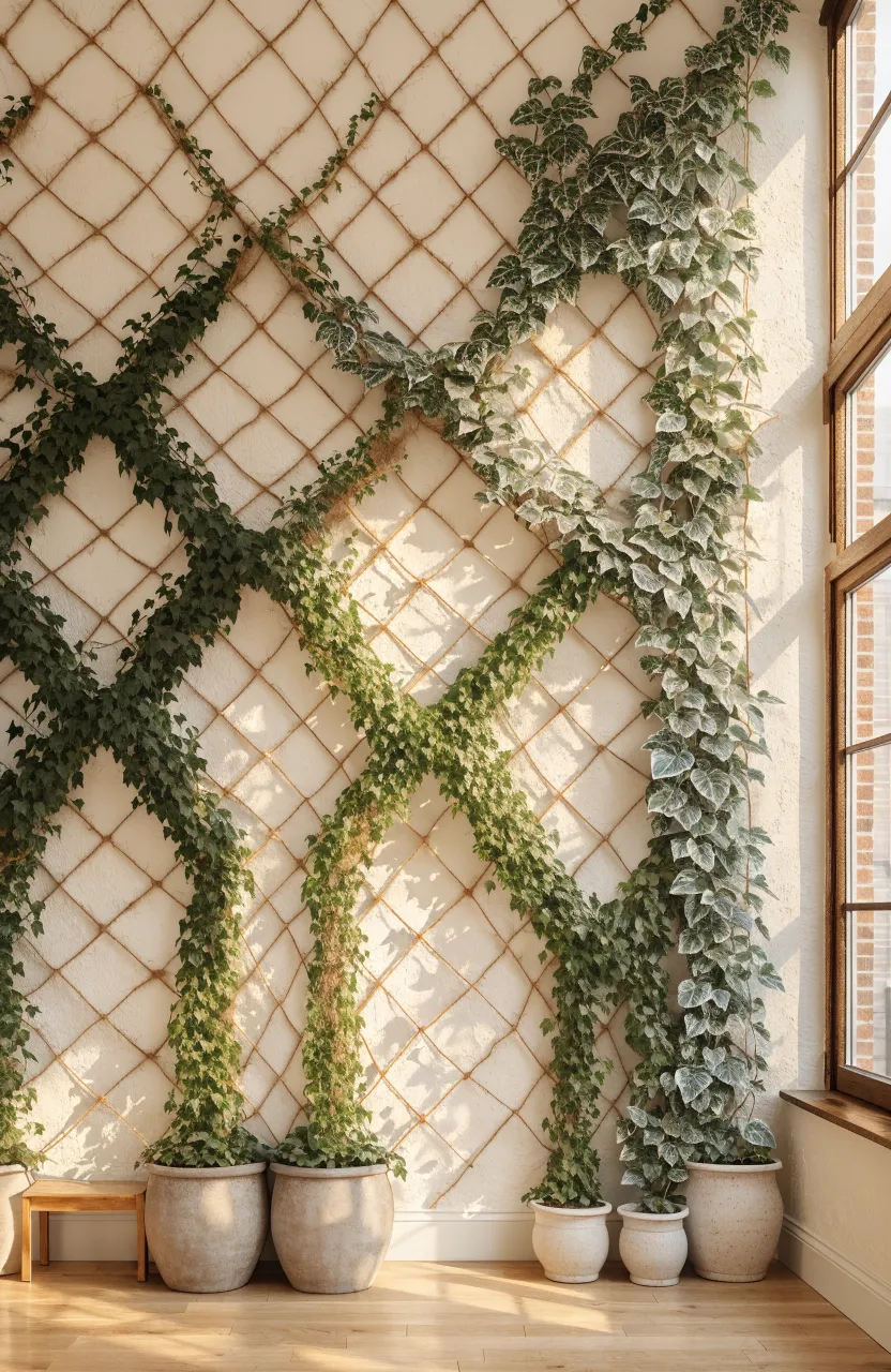 A wall covered in a diamond-patterned jute twine trellis with green climbing vines growing upwards.