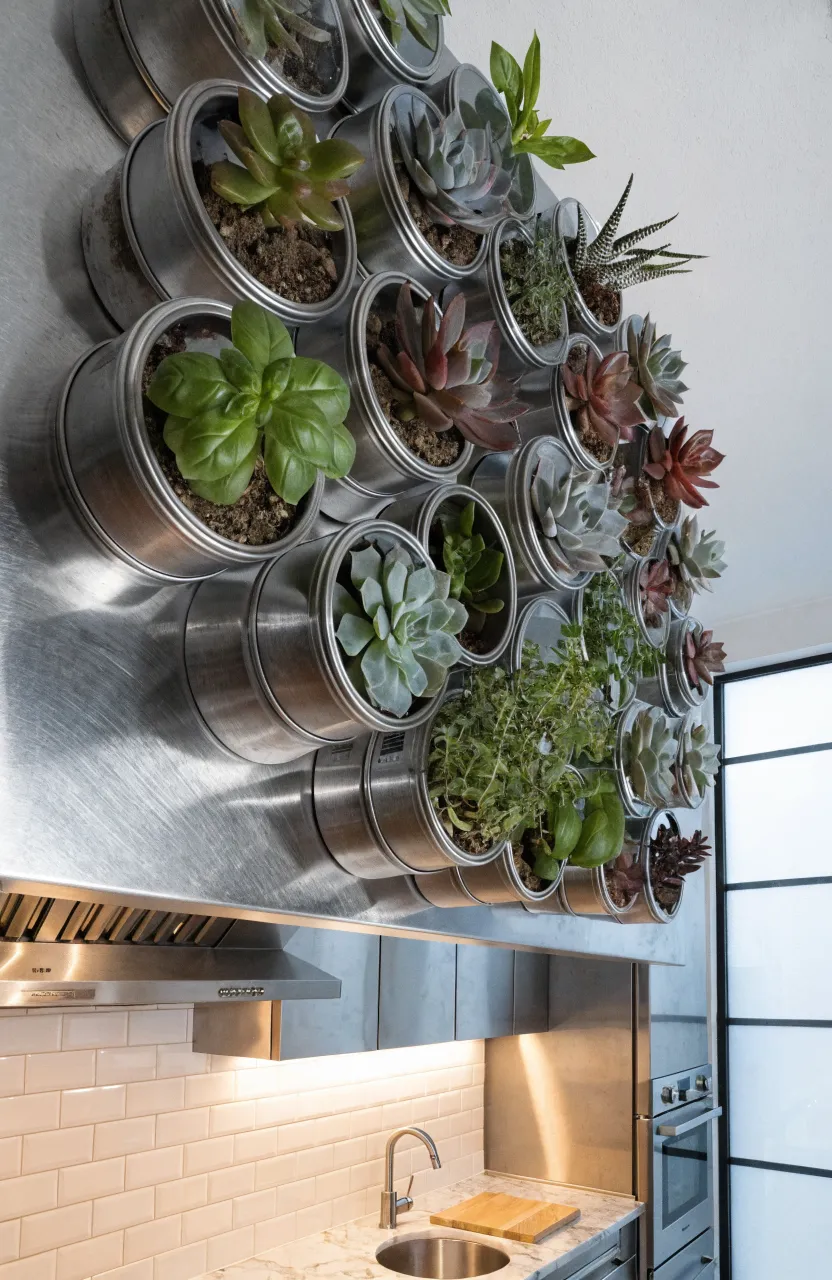 Small silver magnetic tins filled with colorful succulents arranged in a pattern on a metal kitchen wall panel.