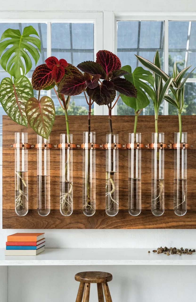 A wooden board mounted on a wall holding glass tubes with plant cuttings and visible root systems in water.