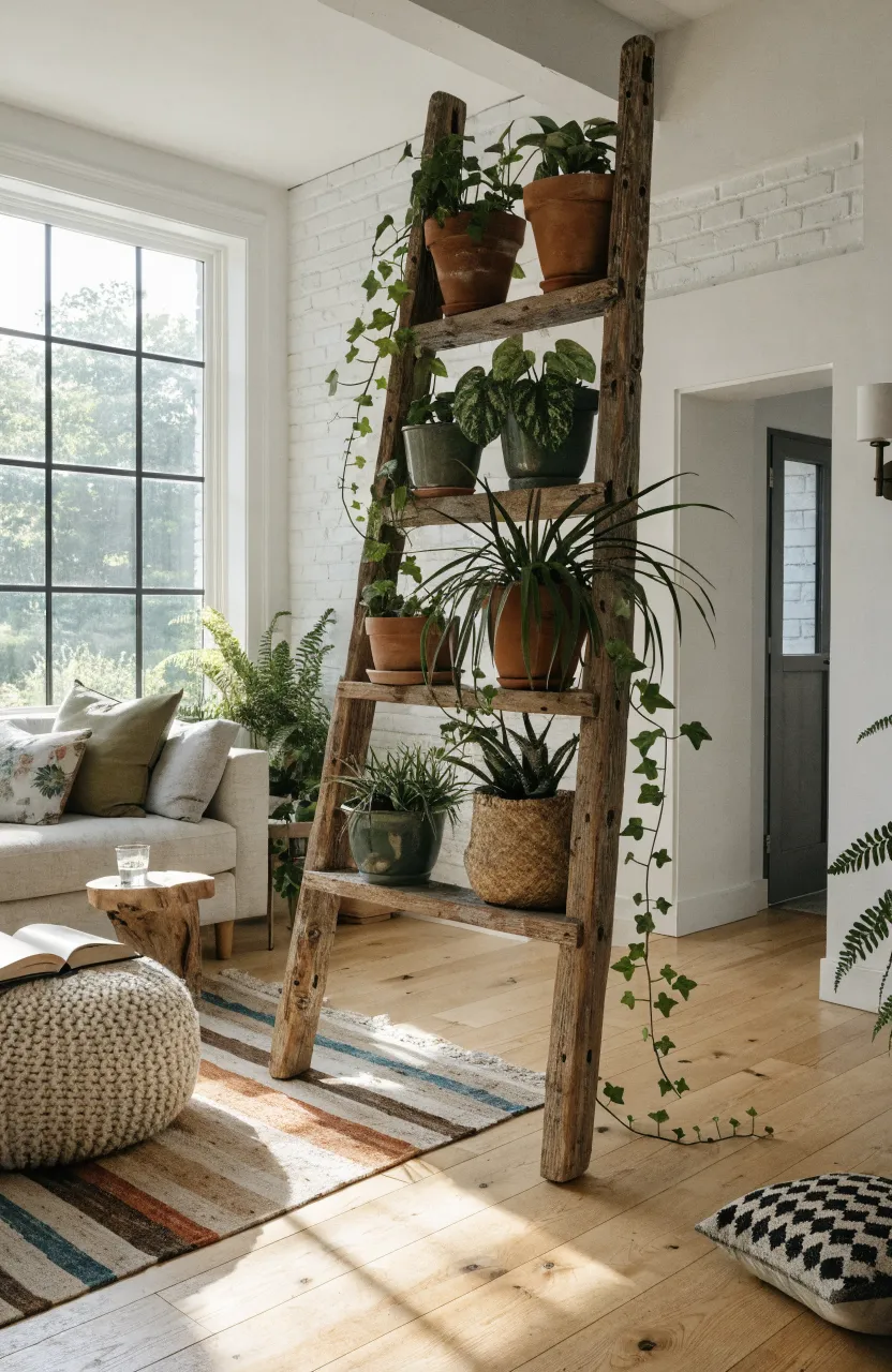 A rustic wooden ladder leaning against a white wall, filled with various potted green plants in a bright room.