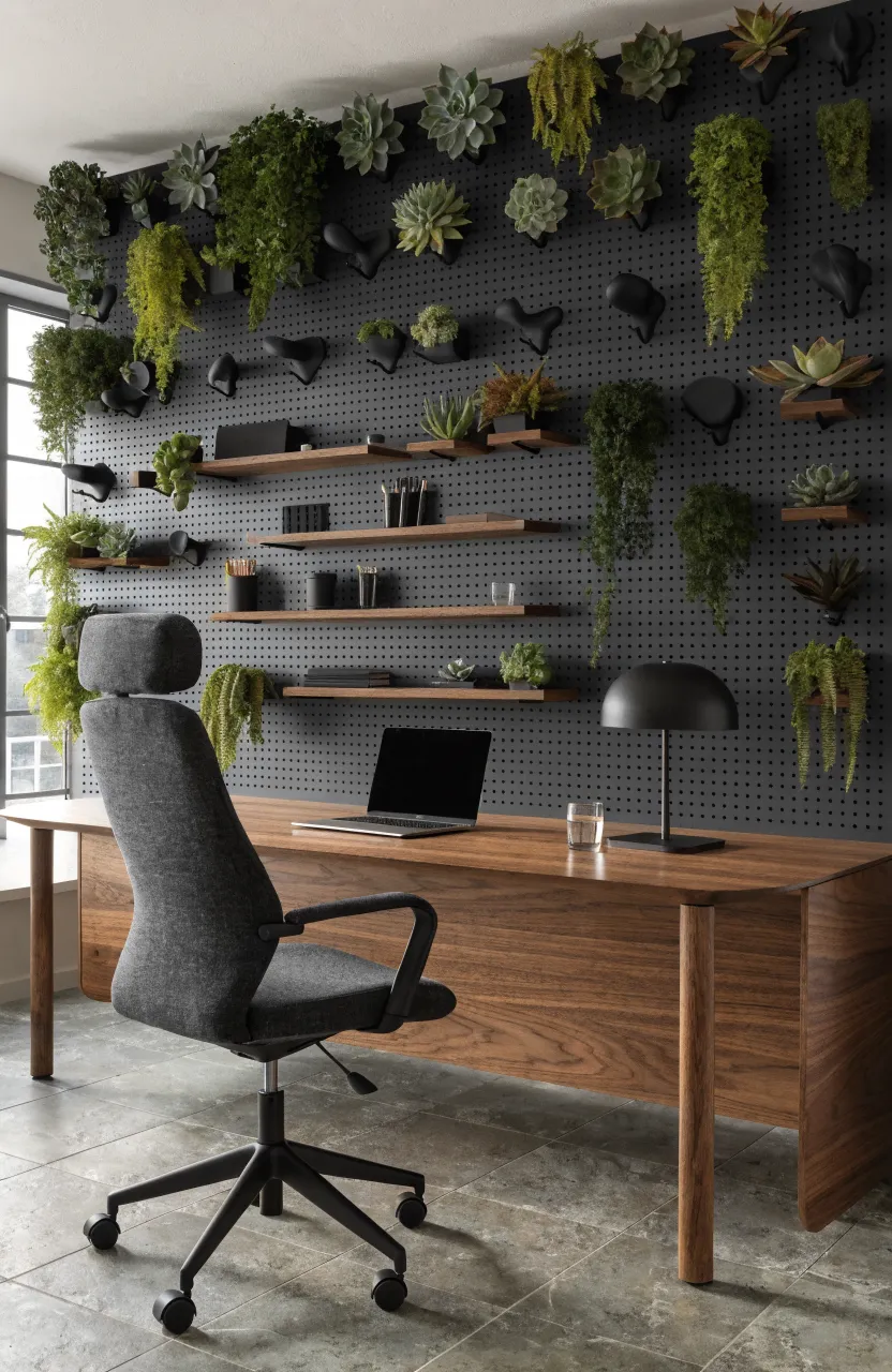 A large dark pegboard mounted above a desk, holding numerous small potted plants and office supplies.