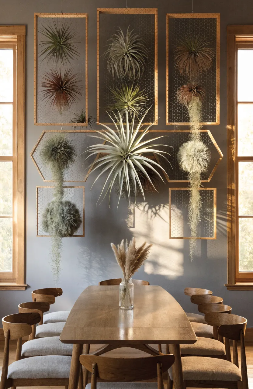 Three large wooden frames with wire mesh backing holding several air plants on a gray dining room wall.