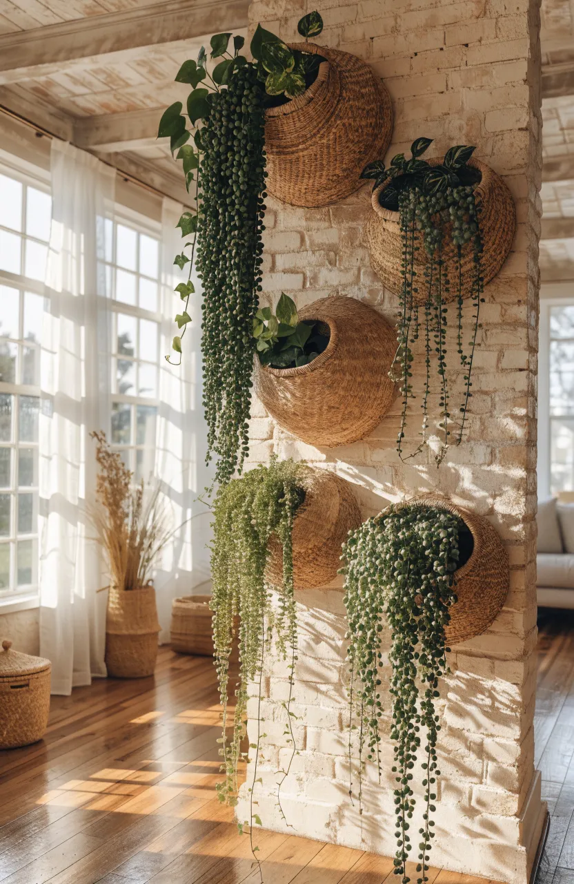 Woven seagrass baskets mounted on a cream brick wall with trailing green plants spilling out of them.