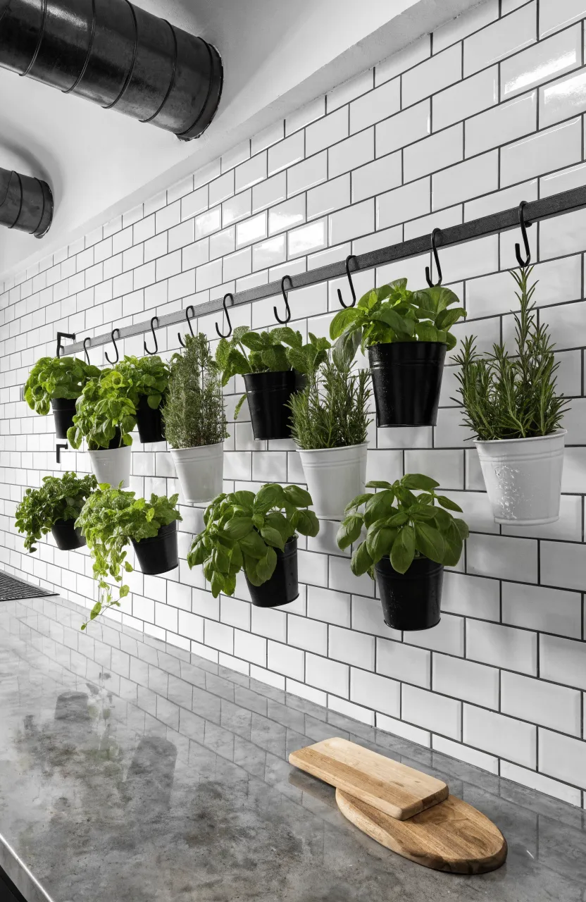 A black metal rail on a white tiled wall with S-hooks holding various small potted herbs in a modern kitchen.