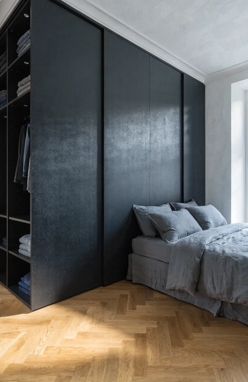 Modern bedroom with floor-to-ceiling matte charcoal sliding wardrobe doors and oak floors.