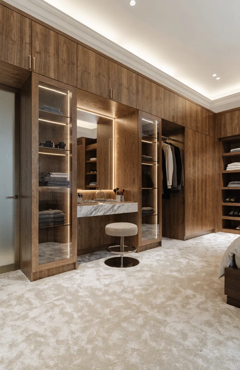 Luxury walnut wardrobe featuring a built-in vanity with a glowing backlit mirror.