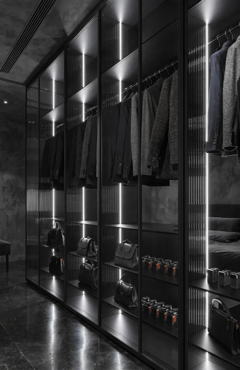 Modern glass-door wardrobe with internal LED lighting showing organized clothing.