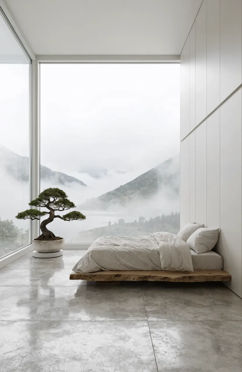 Seamless white handleless wardrobe in a minimalist, bright modern bedroom.