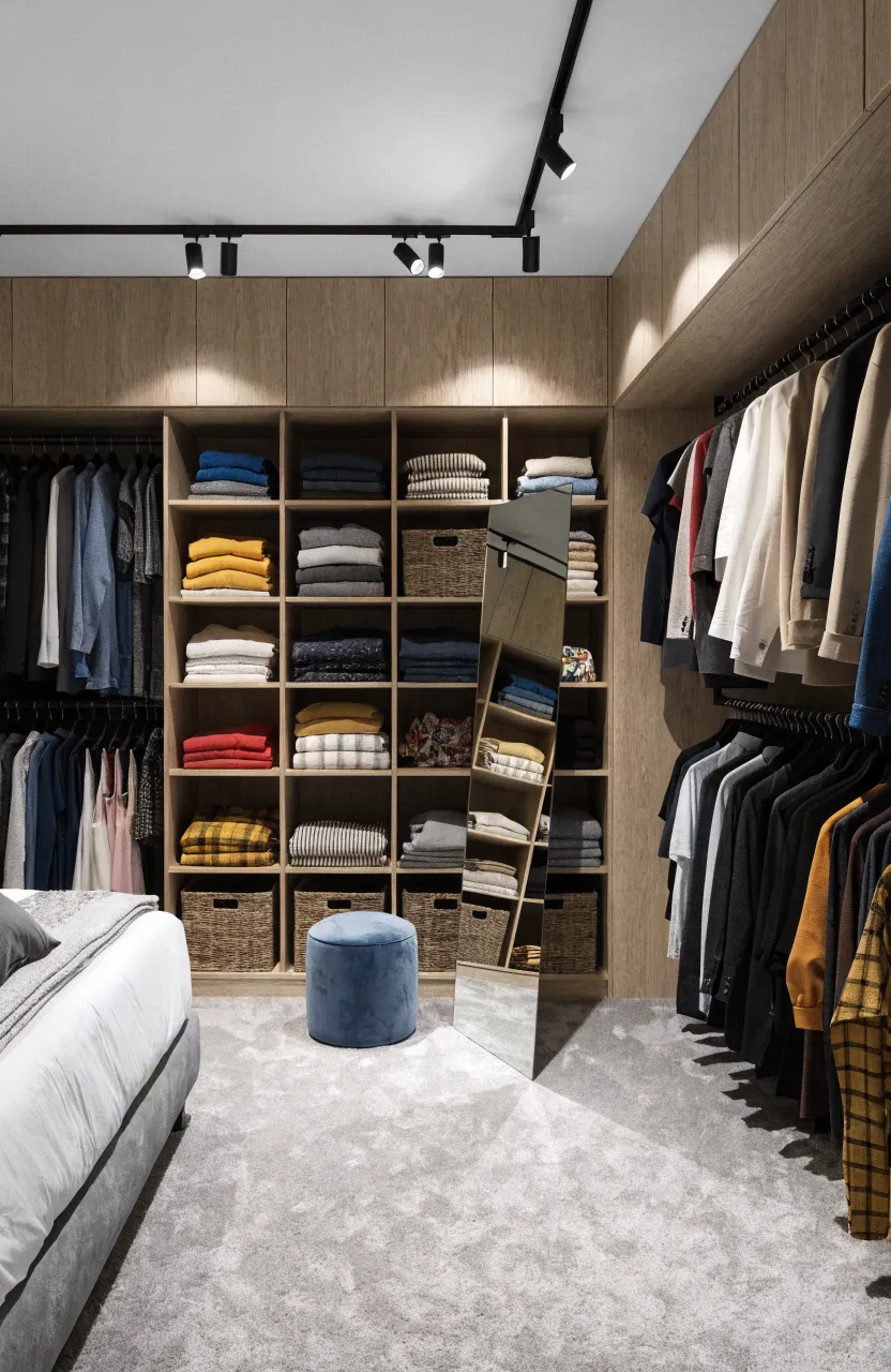 Open-concept modular wardrobe with light wood shelving and organized clothing.