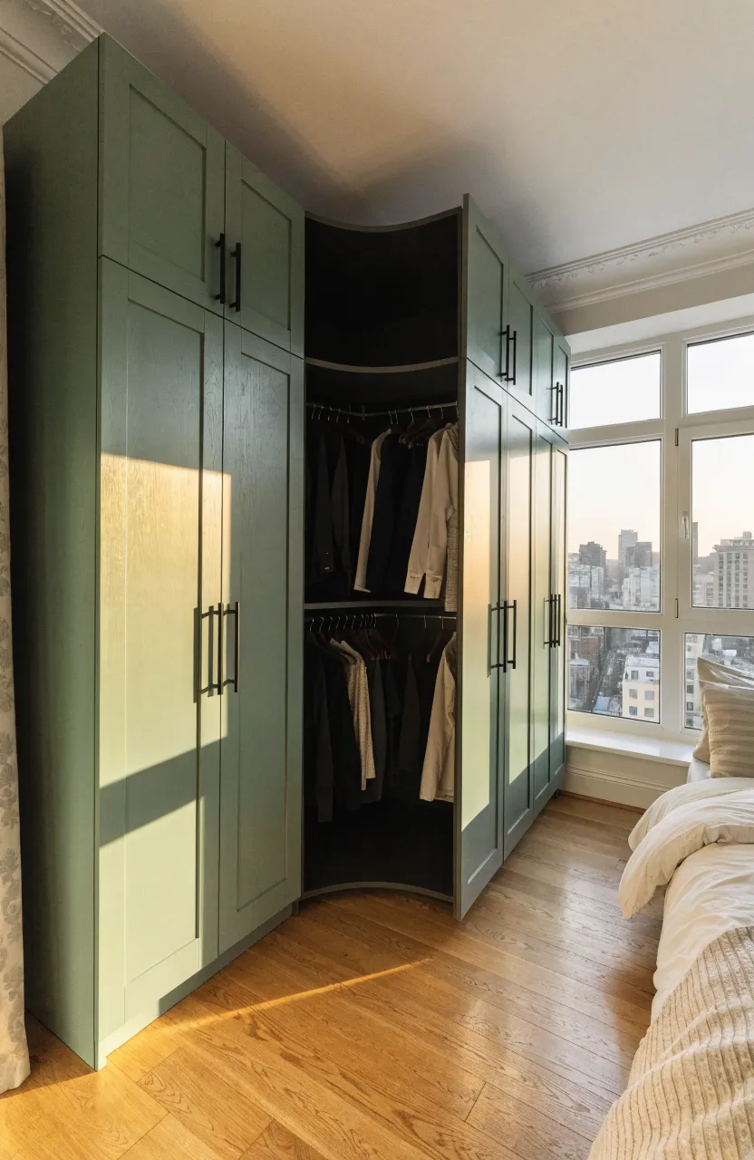 Sage green L-shaped corner wardrobe maximizing storage in a small modern bedroom.
