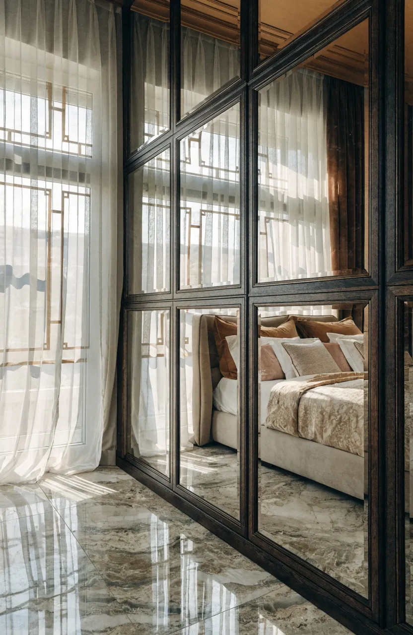 Modern bedroom wardrobe with bronze-tinted mirrored doors reflecting a luxury interior.