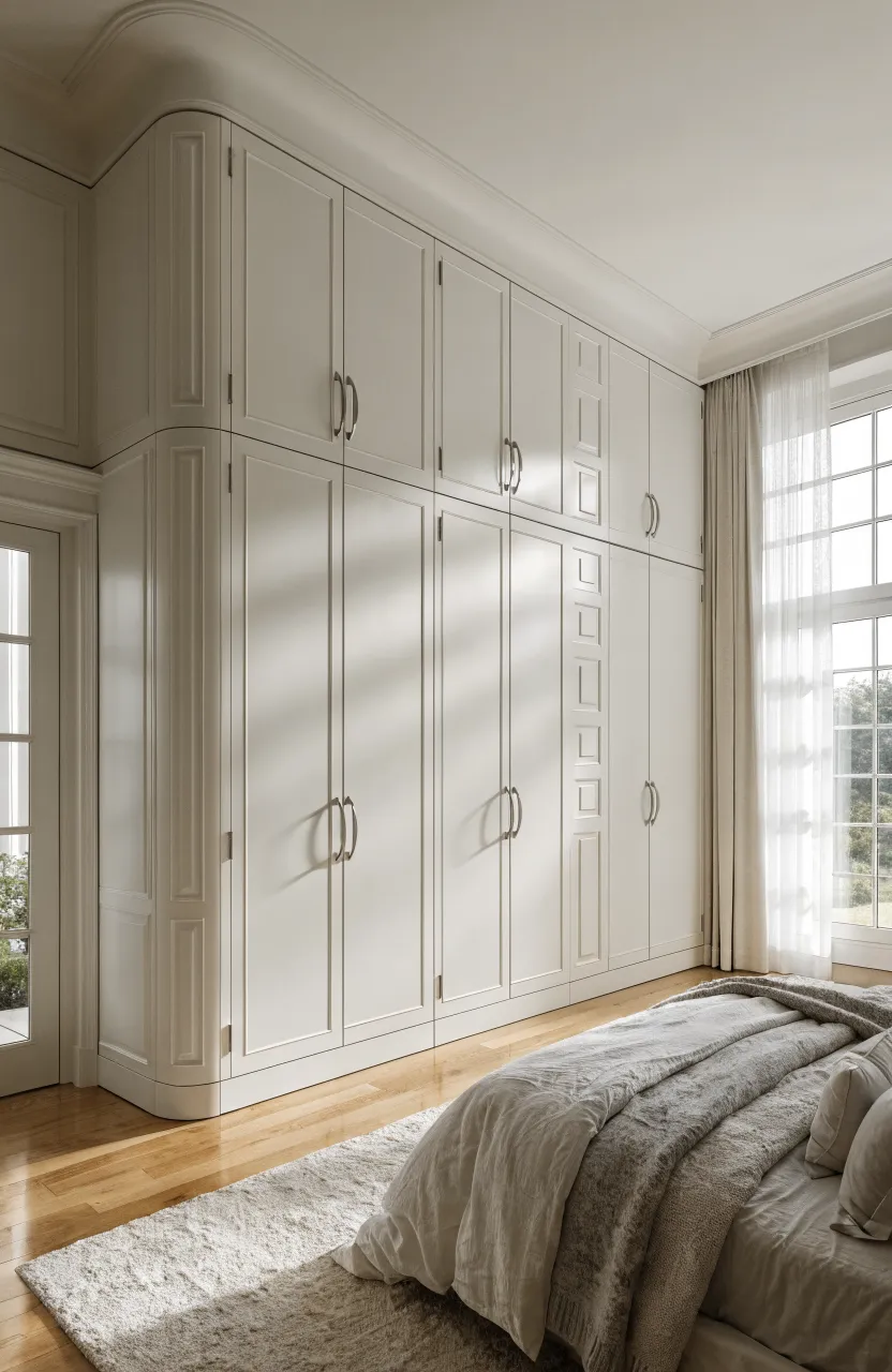 A modern white wall-to-wall fitted wardrobe with overhead lofts in a bright, minimalist bedroom.