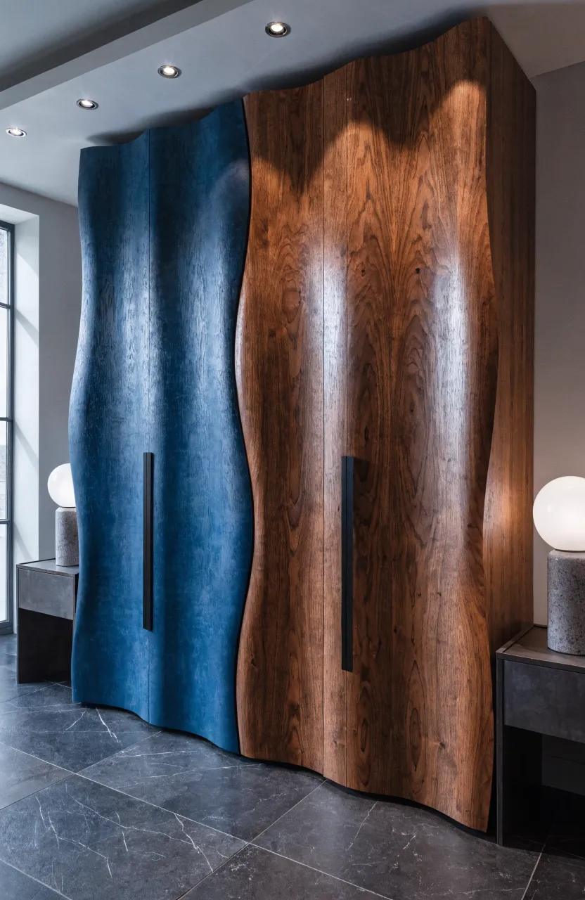A designer wardrobe with navy blue and walnut wood laminate panels in a modern bedroom.