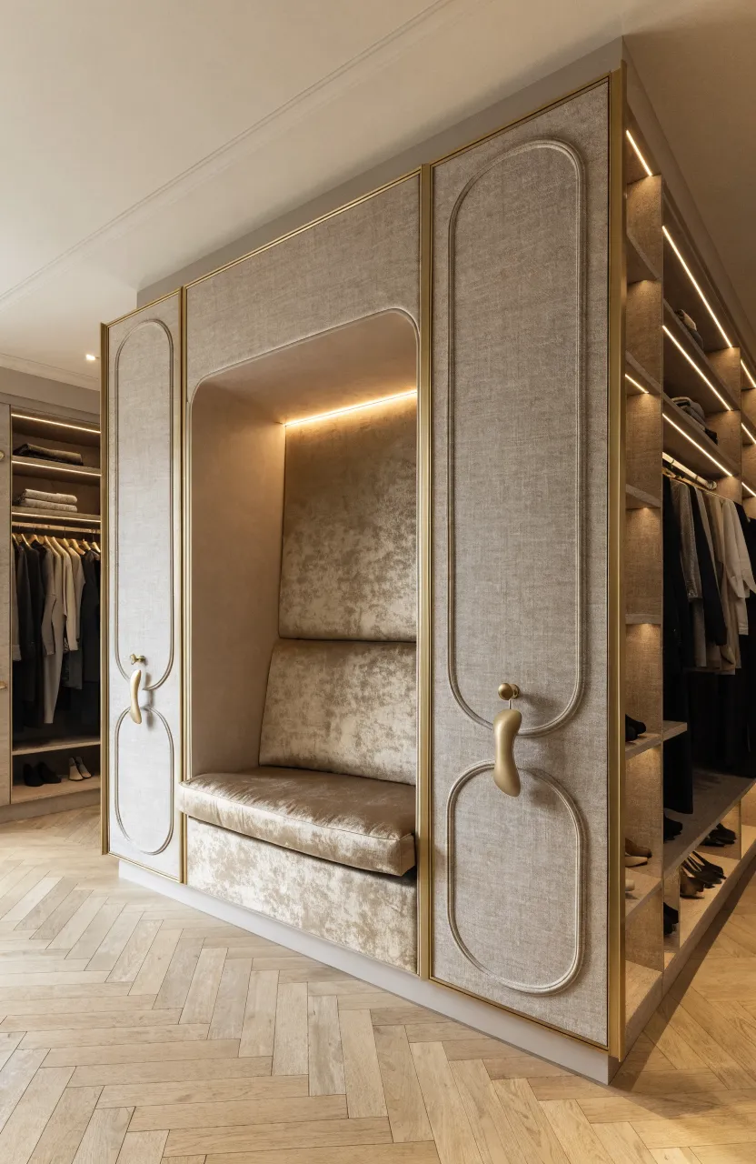 A large taupe wardrobe featuring a built-in cushioned seating bench in the center niche.