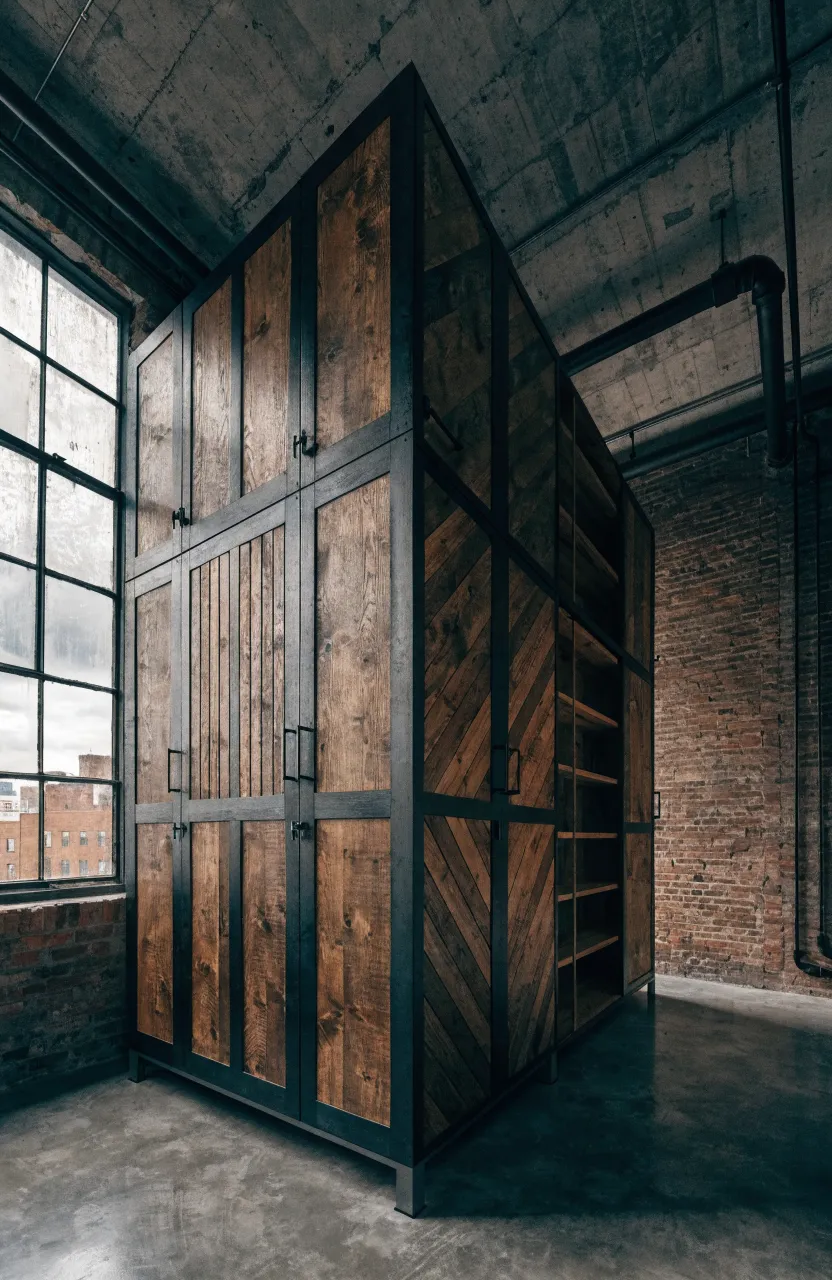 Industrial wardrobe with black metal frames and reclaimed wood panels against a brick wall.