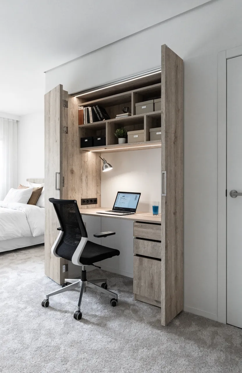 A sleek white wardrobe with an integrated wooden desk and shelving for a home office.