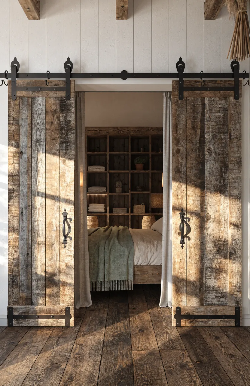 Rustic wooden sliding barn doors on a black metal track used for a bedroom wardrobe.