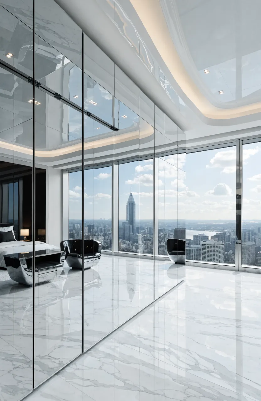 A luxury modern wardrobe with high-gloss white acrylic doors reflecting a bright bedroom.