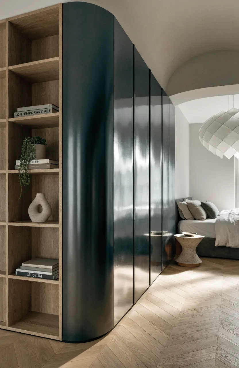 A sleek charcoal wardrobe with built-in light wood side shelves holding books and a small plant in a modern bedroom.