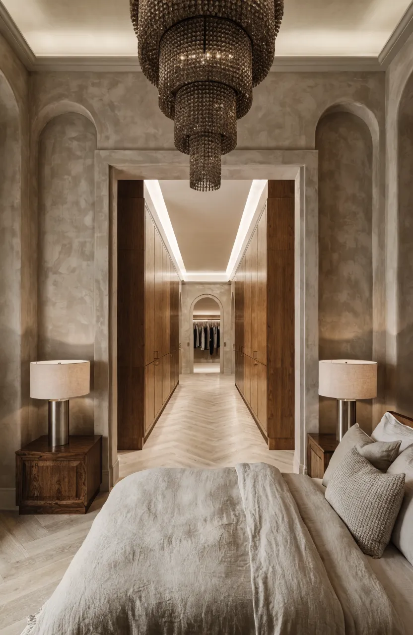 A luxury bedroom featuring a bed with a headboard that acts as a divider for a walk-through closet behind it.