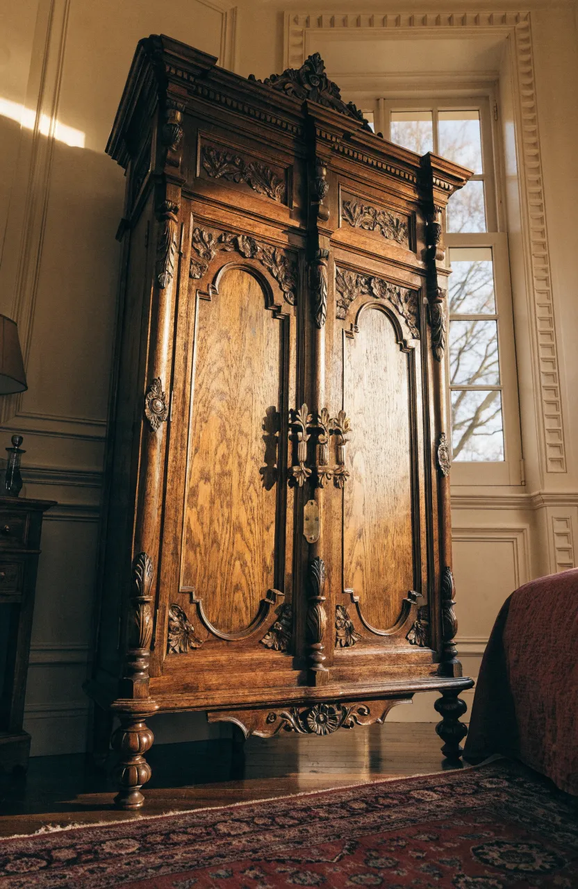 A tall, dark walnut wooden wardrobe with detailed hand-carvings standing in a classic, warmly lit bedroom.
