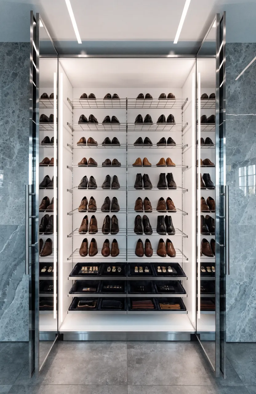 Interior view of an open modern wardrobe with organized pull-out shoe racks and specialized accessory drawers.