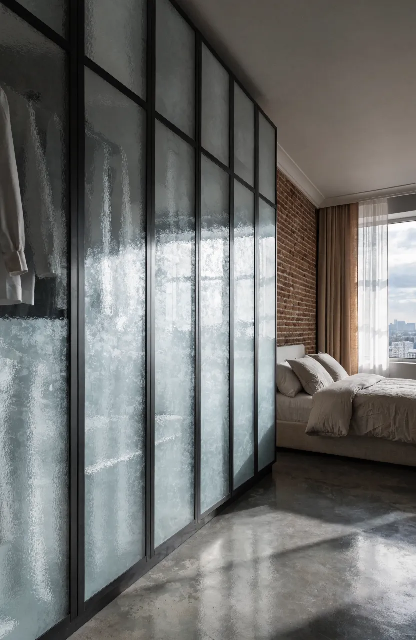 A modern bedroom with a large wardrobe featuring frosted glass panels that softly obscure the clothes inside.