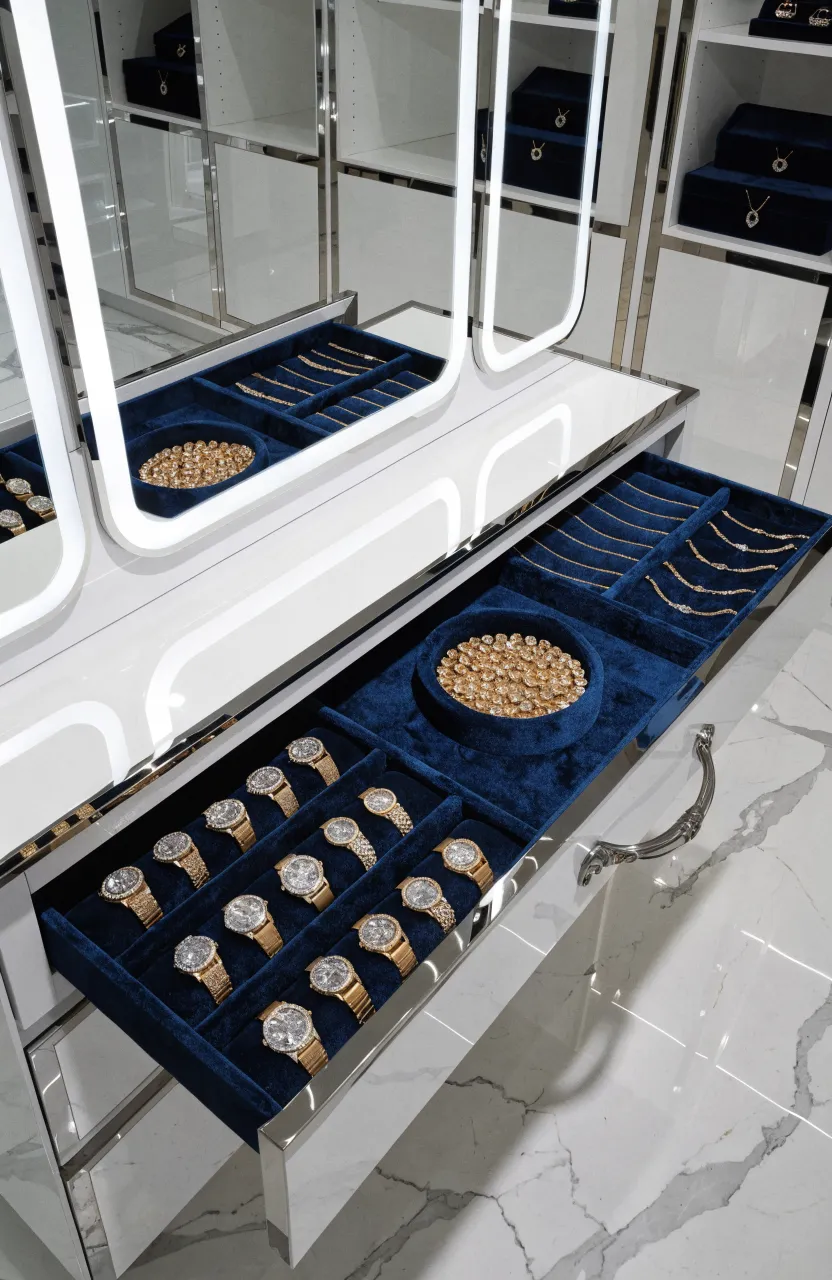 An open wardrobe drawer with luxurious navy velvet lining and organized compartments for jewelry and watches.