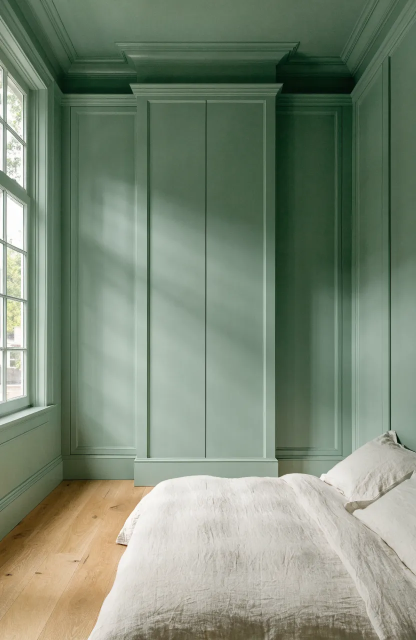 A minimalist bedroom where the large built-in wardrobe is painted the exact same sage green as the walls.