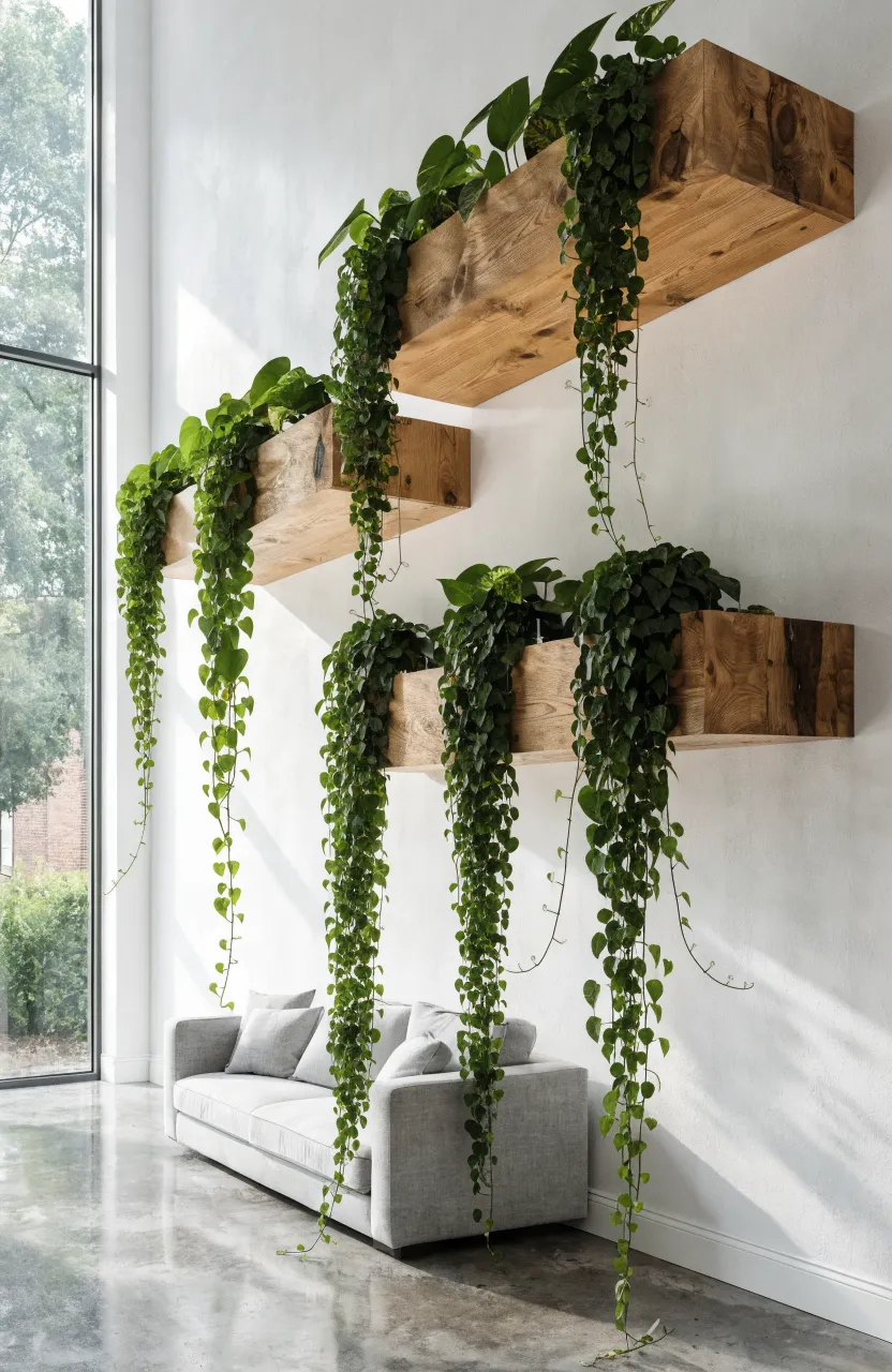 Three staggered oak floating shelves on a white wall with cascading green Pothos vines in a bright room.