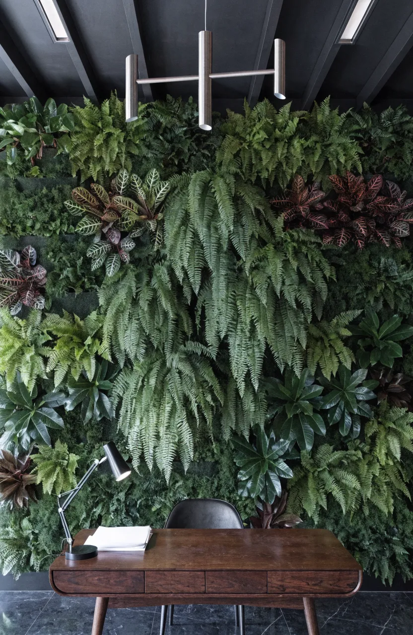 A full floor-to-ceiling living wall made of ferns and calatheas in a modern home office setting.