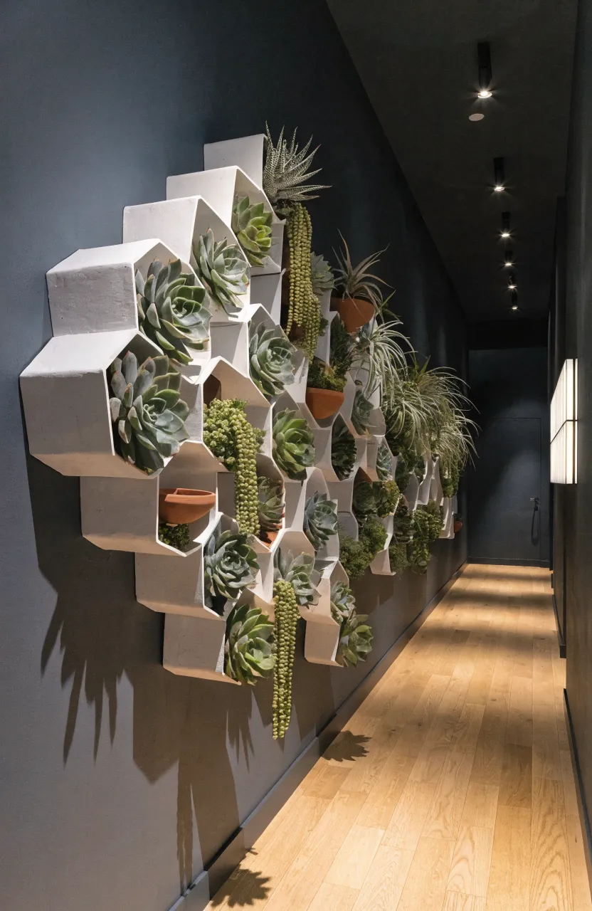 White hexagonal planters arranged in a honeycomb pattern on a dark gray wall with small succulents.