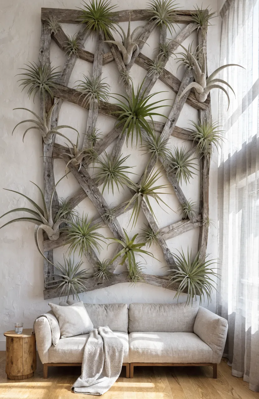A large reclaimed wood lattice mounted on a white wall decorated with various green air plants in a bright living room.