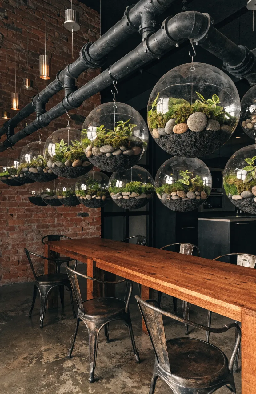 Black industrial pipes mounted on a brick wall holding hanging glass terrariums with small green plants.
