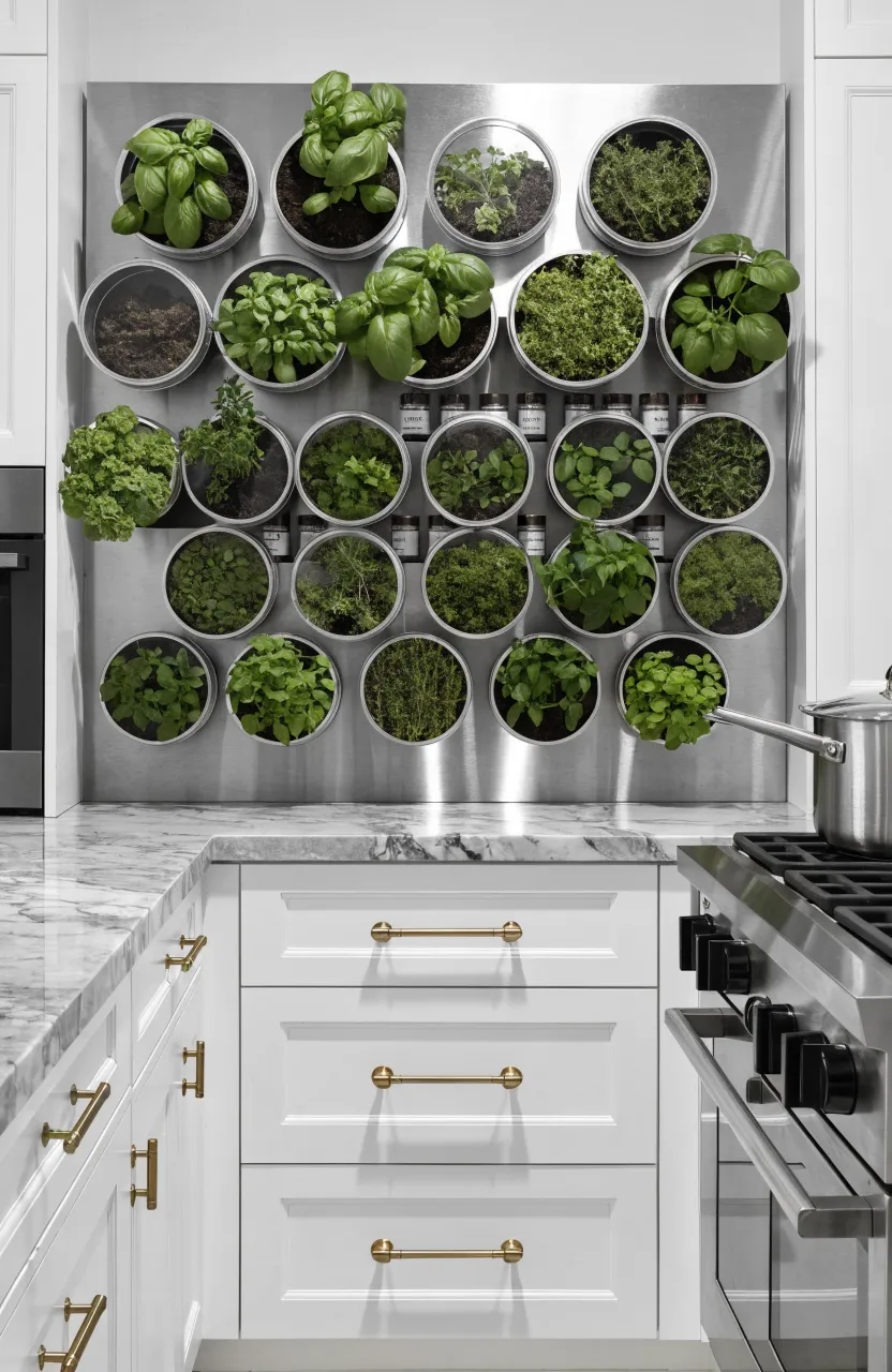 A magnetic stainless steel wall in a kitchen holding several metal tins filled with fresh green herbs like basil and thyme.