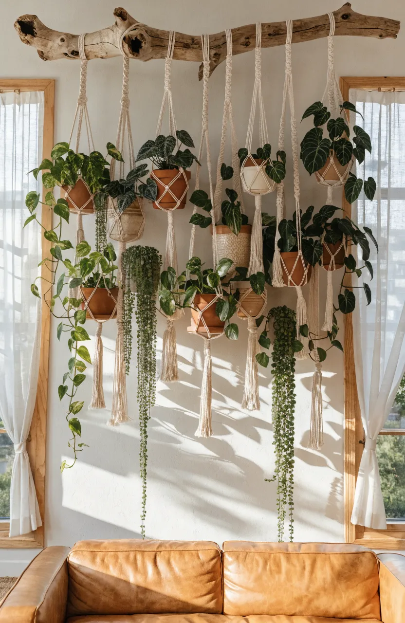 A large driftwood branch mounted on a white wall holding several macramé plant hangers with lush green trailing vines.