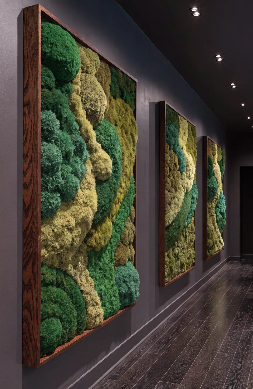 Three large wooden frames filled with textured green preserved moss hanging on a dark modern hallway wall.