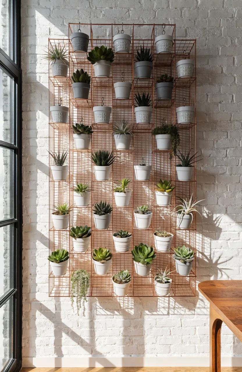 A copper wire grid mounted on a white brick wall holding several small potted succulents in a modern office.