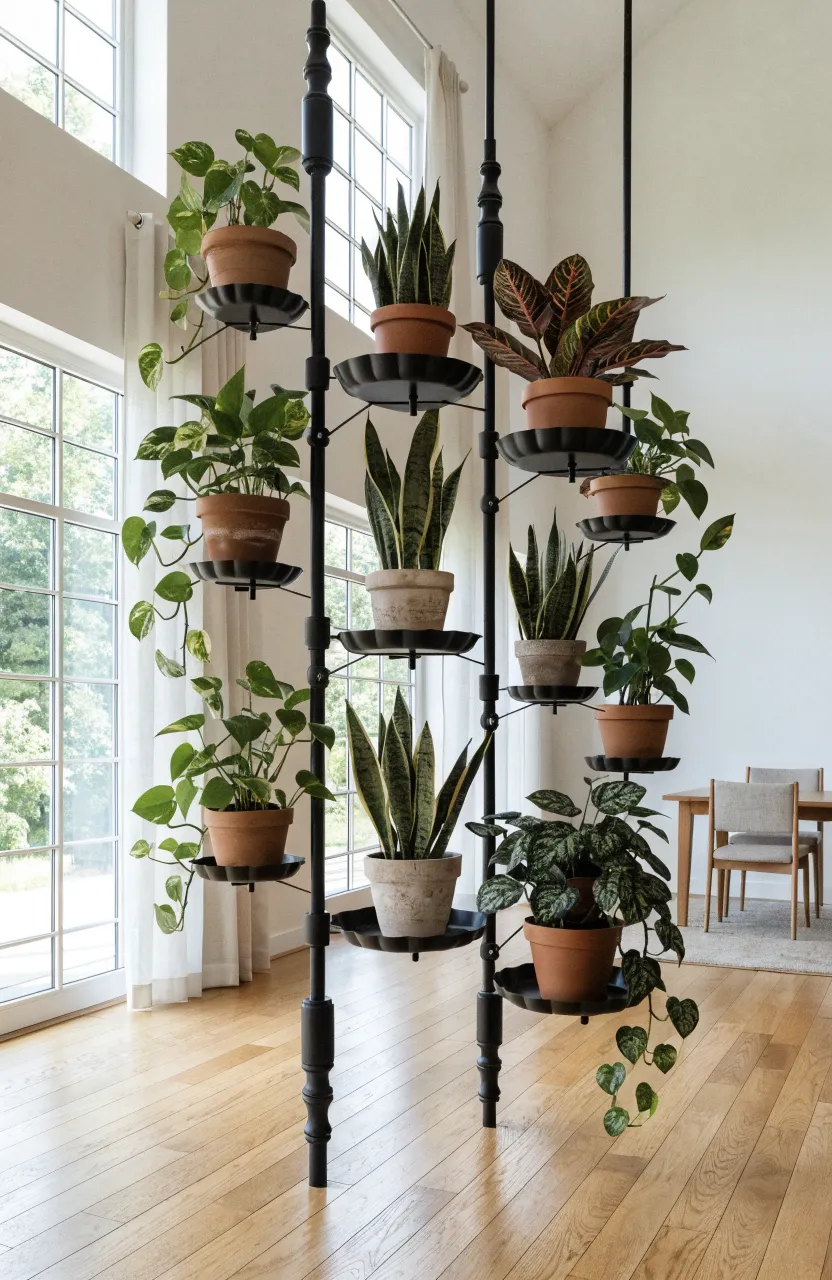 A vertical floor-to-ceiling tension rod with swivel trays holding various indoor plants in a bright room.