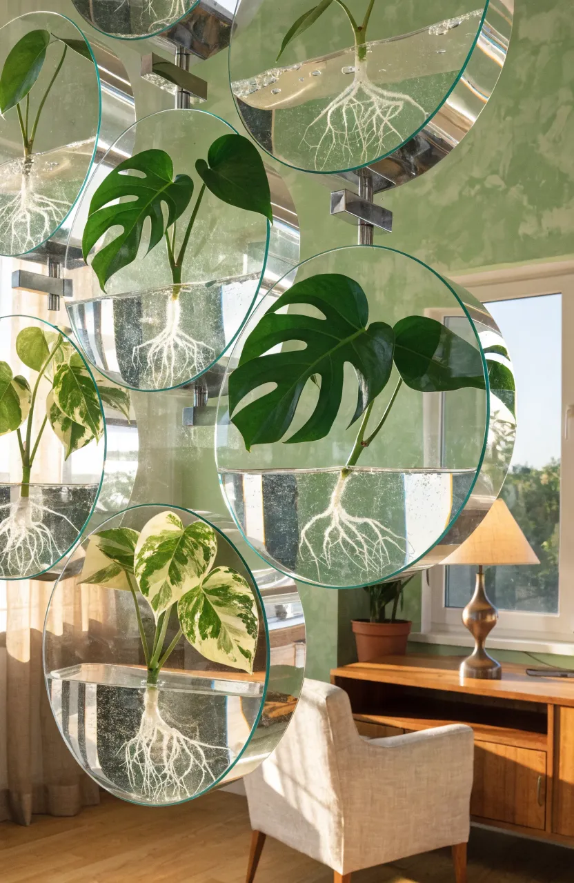 Circular glass vases mounted on a sage green wall holding plant cuttings with visible roots in water.