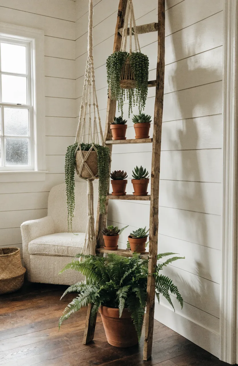A rustic wooden ladder leaning against a wall adorned with various hanging and potted indoor plants.
