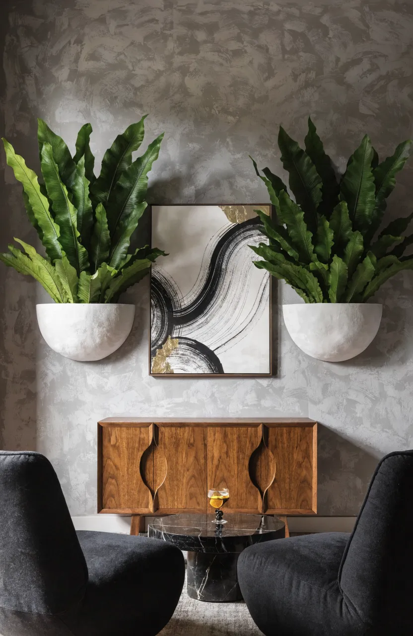 Two matte white ceramic wall planters with green ferns flanking a piece of art in a modern living room.